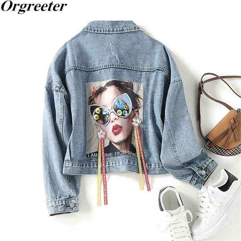 

Personality Streetwear Women' Denim Jacket Cartoon Face Applique Color Spliced Tassel Beaded Loose Casual Jean Coat Outwear 210602, Picture color 1