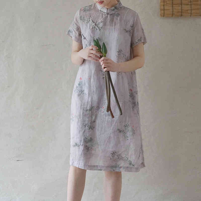 

Johnature Women Chinese Style Dresses Stand Short Sleeve Ramie Print Floral Original Cheongsam Summer Button Dress 210521, Mixed color
