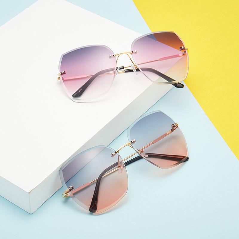 

Sunglasses Fashion Brand Design 2021 Men's And Women's Square Cat's Eye Large Lenses Frameless Metal Shade Gradient UV400