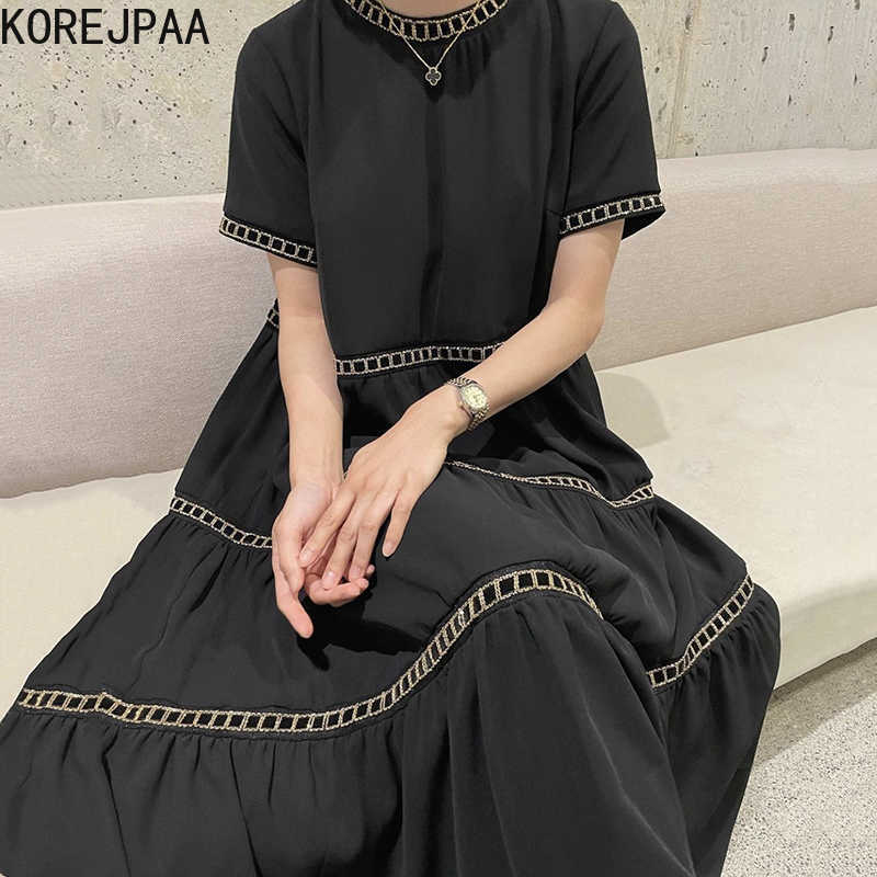 

Korejpaa Women Dress Summer French Elegant Contrast Color Border Line Design Stitching Large Swing Short-Sleeved Vestidos 210526, Black