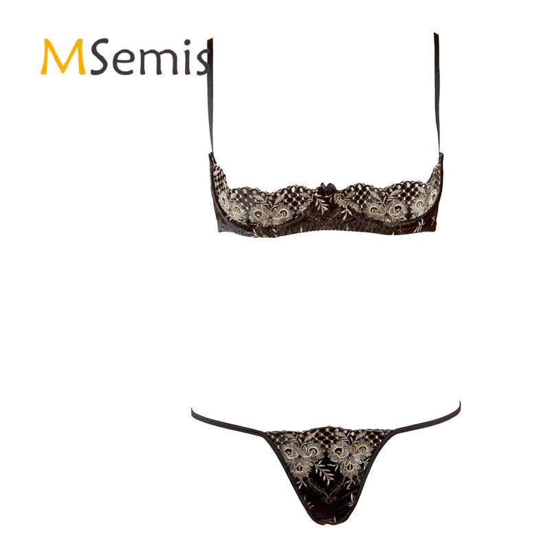 

Womens Floral Embroidered Lingerie Suit Adjustable Shoulder Straps Underwired Bra With G-String T-Back Briefs One-Piece Suits