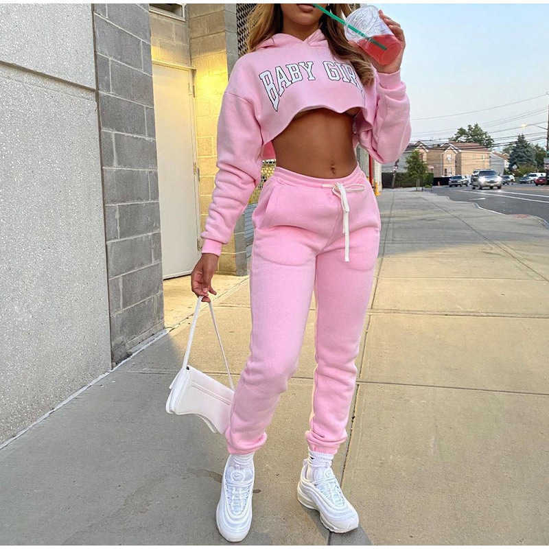 

Baby Girl Letter Print Sweatsuit Women' Set Hooded Crop Top Jogger Pants Set Tracksuit Fitness Two Piece Set Outfits 210709, 02 black