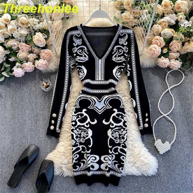 

Spring Women Knitted Dresses Ladies Slim Black Sexy V-neck Stretch Long-sleeved Indie Folk Knitting Sweater Pencil Dress 211109