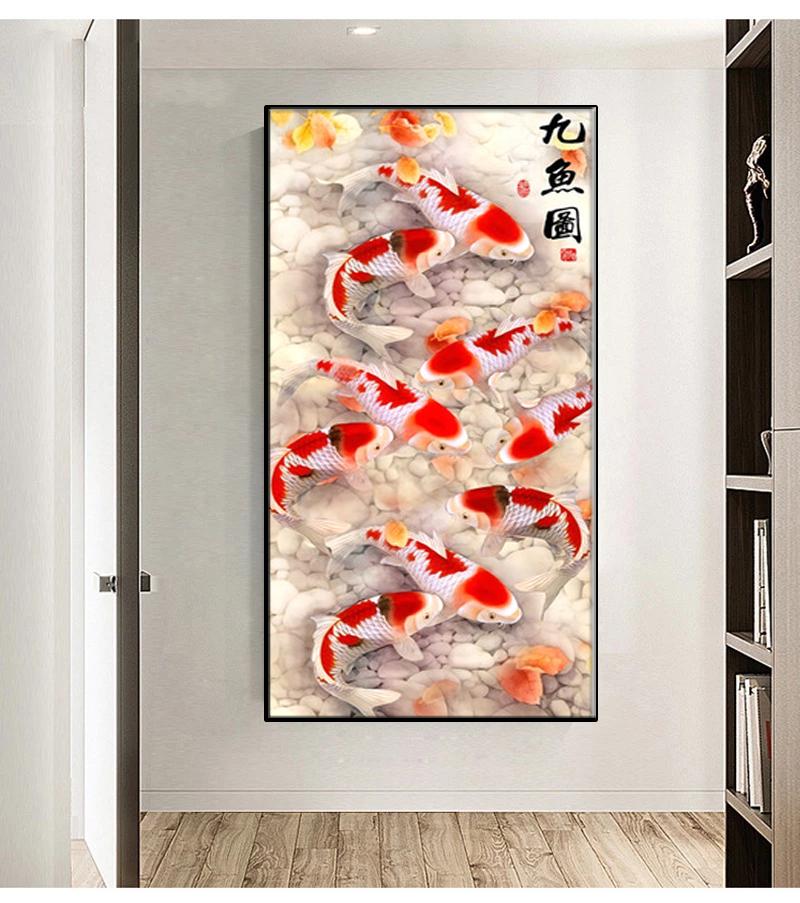 

Paintings Chinese Style Abstract Nine Koi Fish Lotus Canvas Oil Painting Poster Feng Shui Wall Art Living Room Home Decoration
