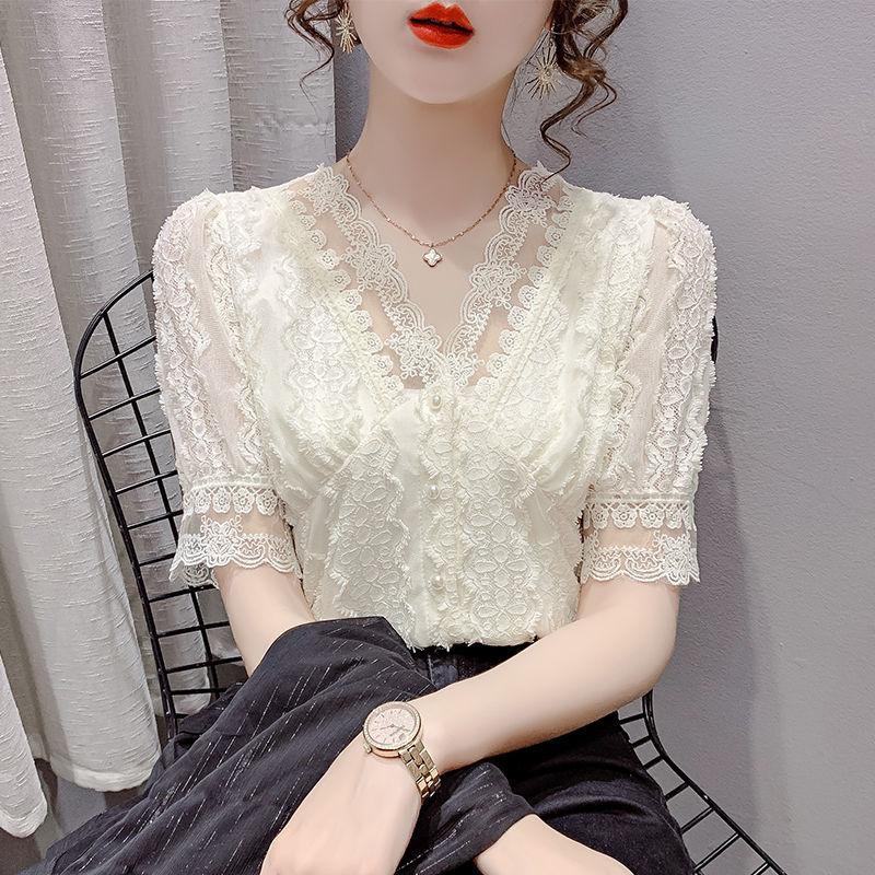 

Women' Blouses & Shirts V-neck French Lace Shirt 2021 Summer Style Temperament All-match Casual Fashion Western Design Niche Top, Beige
