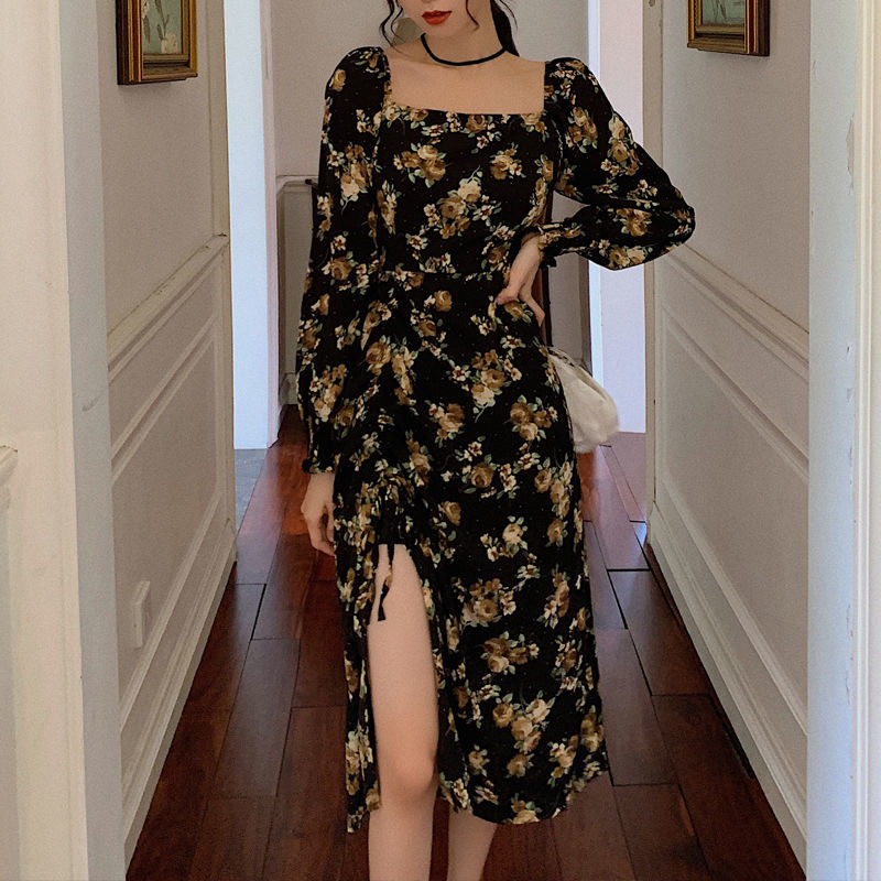 

2021elegant floral dress women long sleeve midi vintage dress square collar french retro party dress 2021 spring korean style, Black;gray
