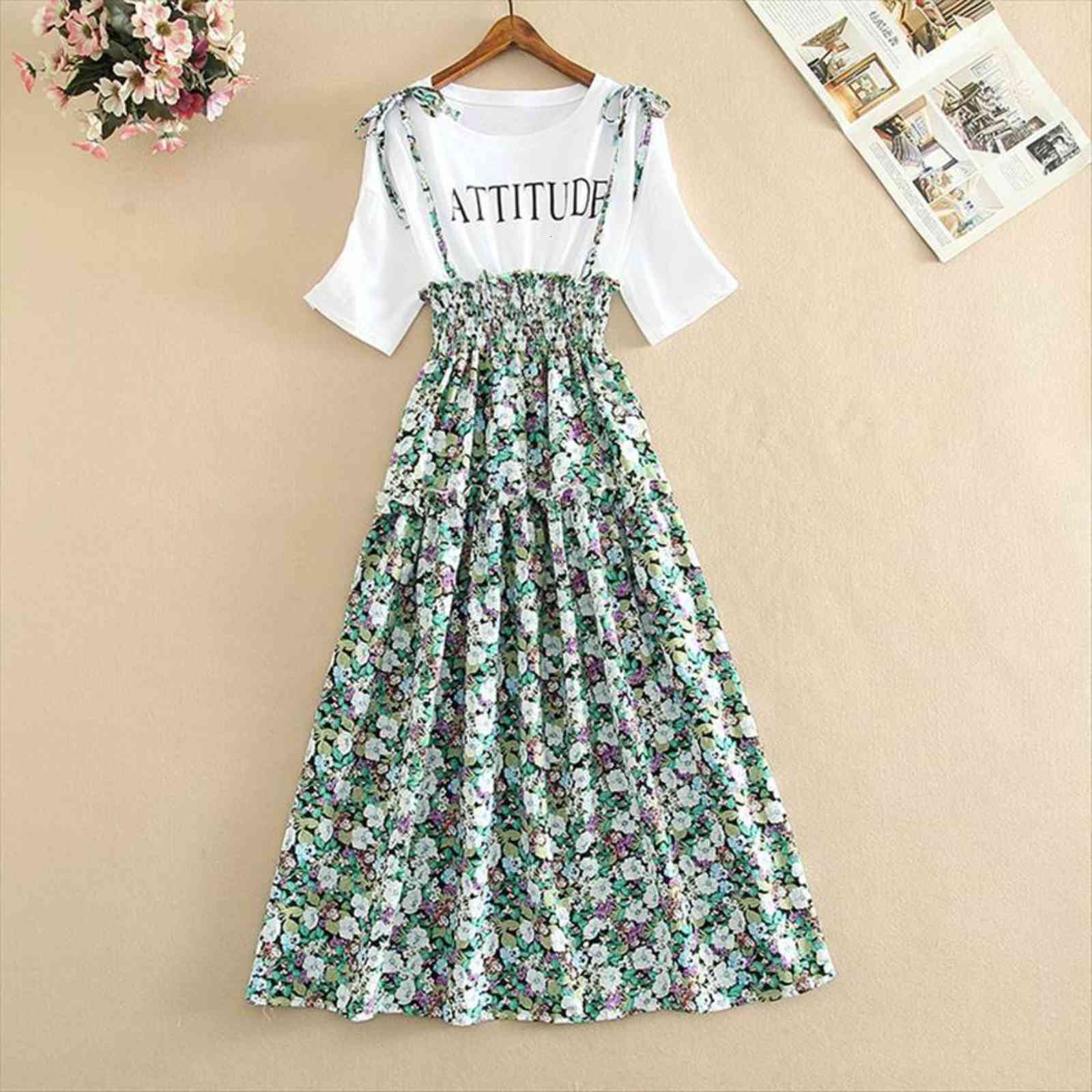 

summer cotton flower print casual women dress cute floral long bowknot short sleeve fake two piece shirt vestidos, Black;gray