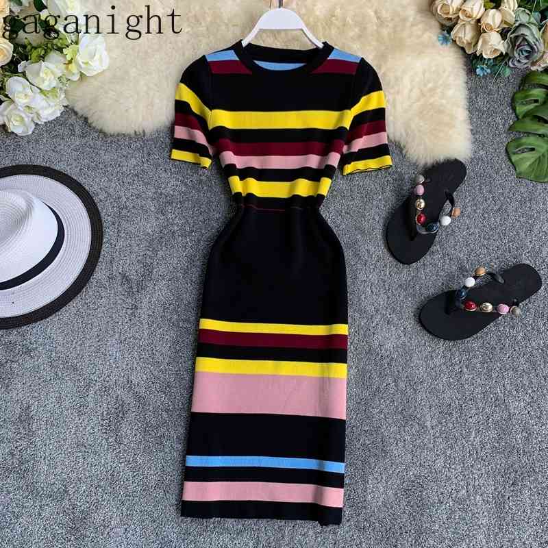 

Gaganight Women Bodycon Dress Summer Fashion Striped Knitted Short Sleeve O Neck Stretch Elegant Dresses Female Summer Vestidos 210519, Red