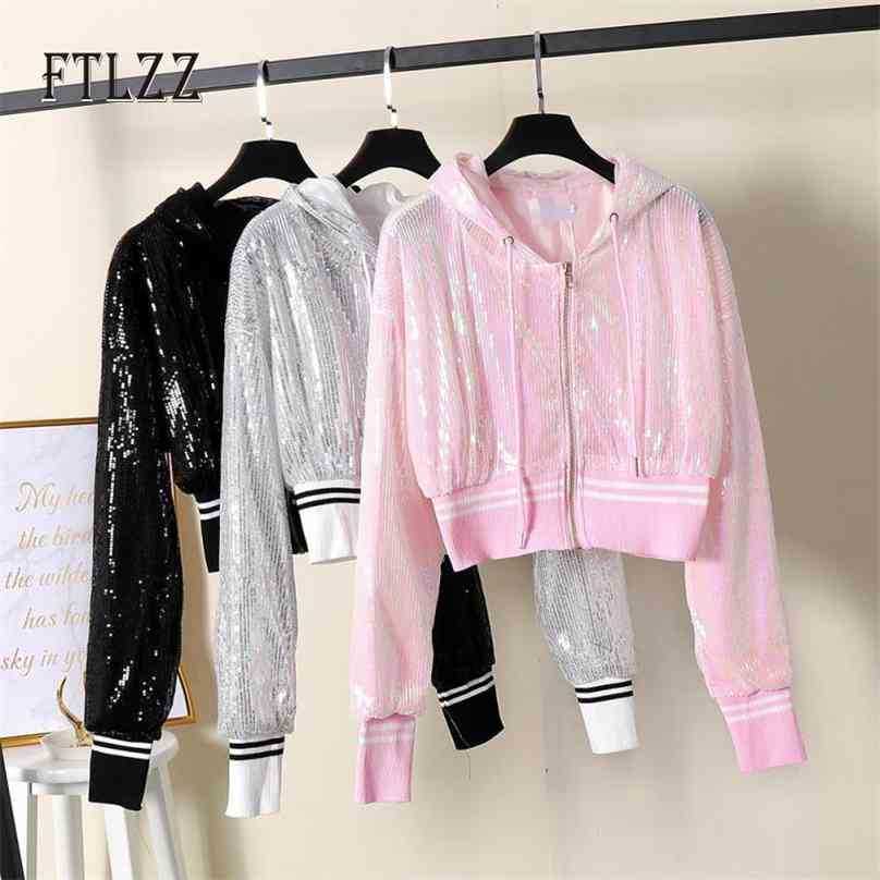 

Women hooded jacket spring autumn thin long sleeved short outerwear ladies fashion Sequins punk jackets 210525