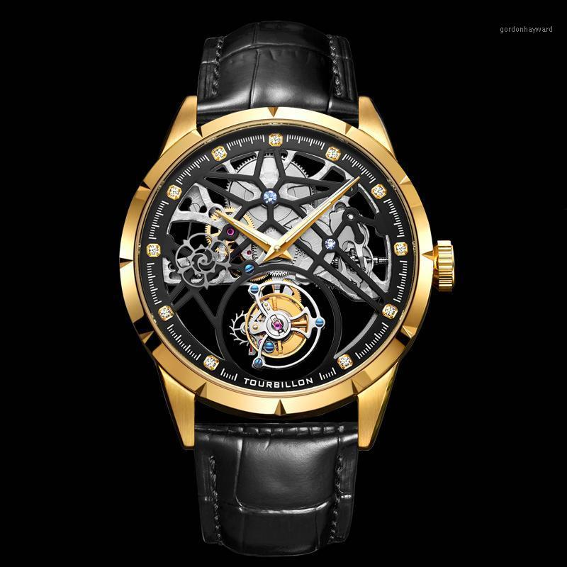 

Wristwatches AESOP Mens Flying Tourbillon Men Mechanical Male Rotary Skeleton Watch For Man Luxury Clock Black Gold 2021, Bbb