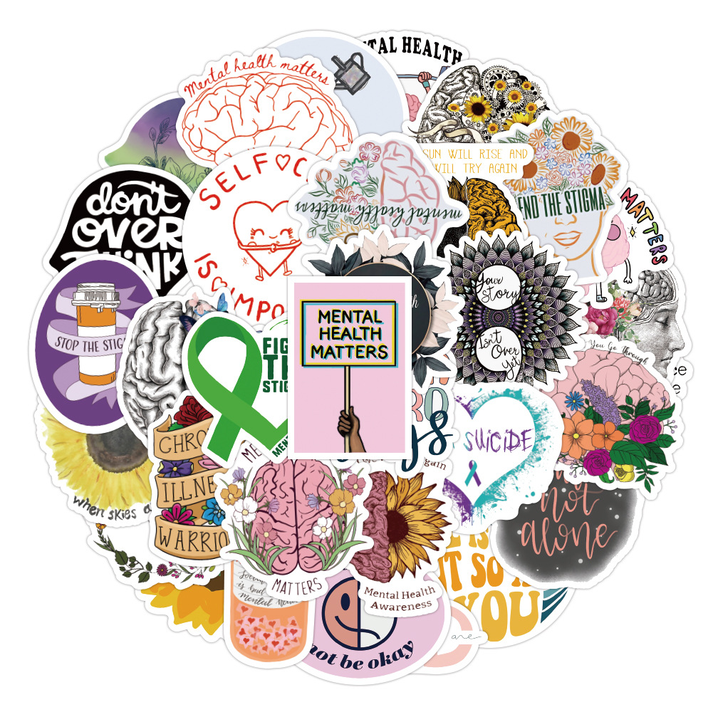

50pcs/set MENTAL HEALTH Small Waterproof Stickers for laptop book