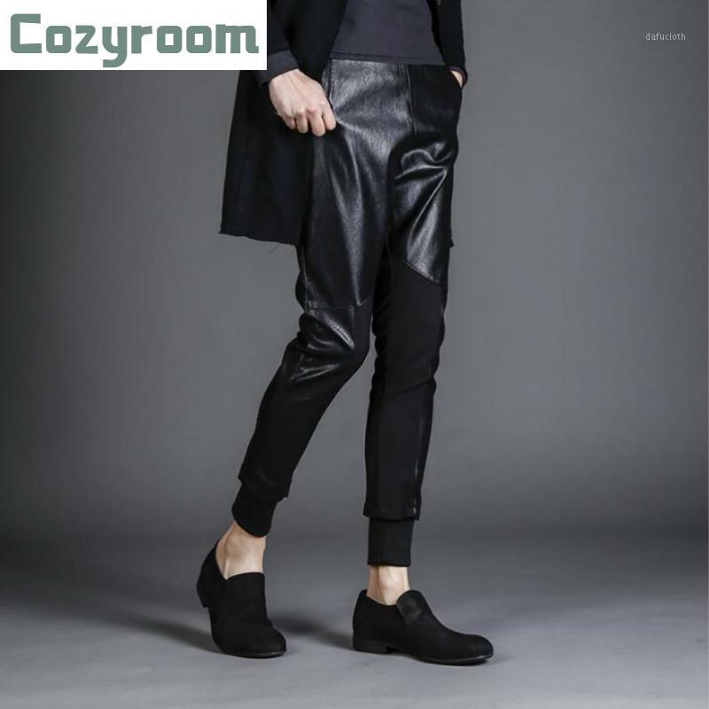 

Winter Men Slim Stitching Motorcycle Harem Leather Pants Tide Male Casual Elastic Waist Beam Mens Pencil Men, Black