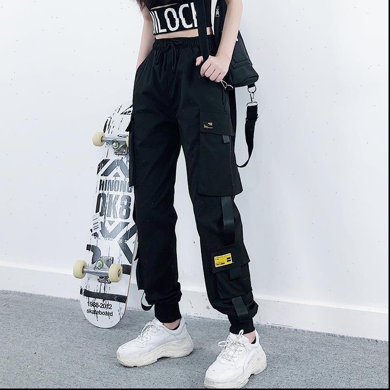 

streetwear cargo harajuku bf women capris loose big pocket hearm high waist female trousers, Black;white