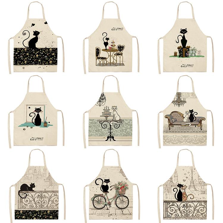 

Black White Cat Letter Kitchen Apron For Women Cotton Linen Cleaning Tool Pinafore Home Cooking Waist Baking Aprons 68*55cm