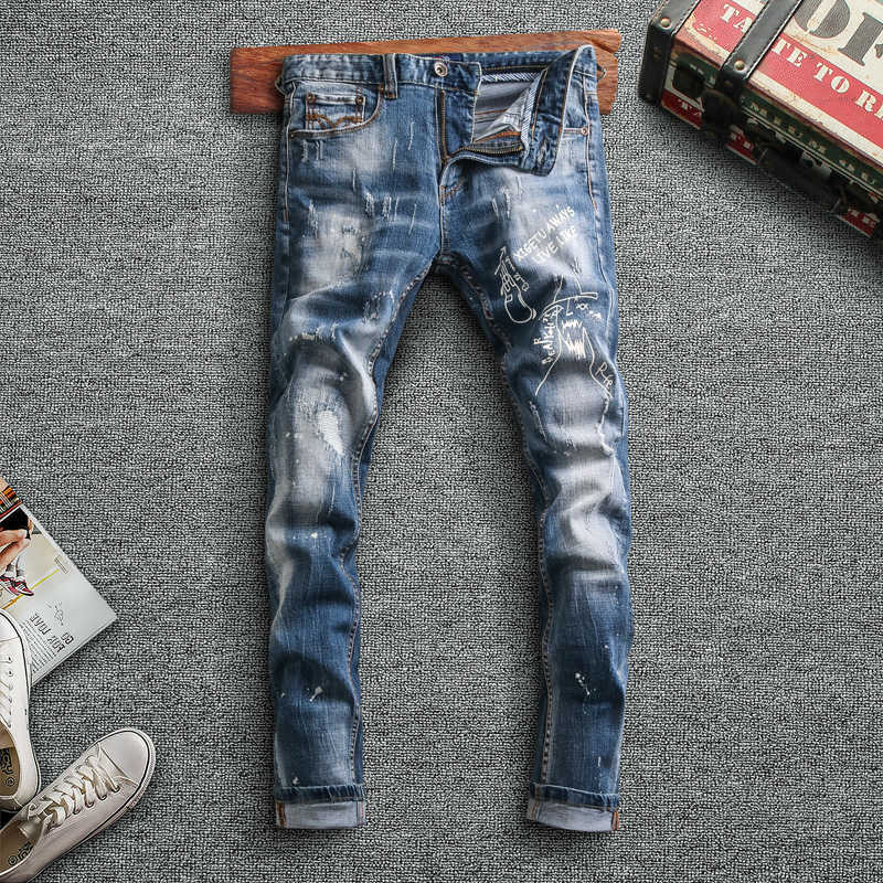 

Fashion Streetwear Men Jeans Retro Blue Top Quality Elastic Slim Fit Ripped Cotton Denim Pants Printed Designer Hip Hop Trousers