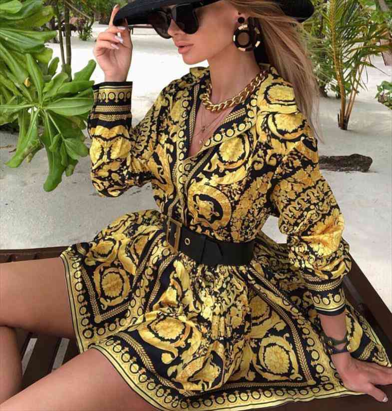 

fashion womens vintage print shirt dress ladies holiday party a-line v-neck swing short mini dresses streetwear clothing, Black;gray