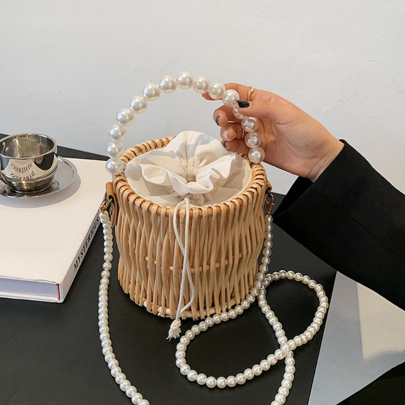 

Evening Bags Retro Women Rattan Woven Handbags Basket Pearl Top-handle Shoulder Crossbody Bag Simple Casual All-match Handbag For Female