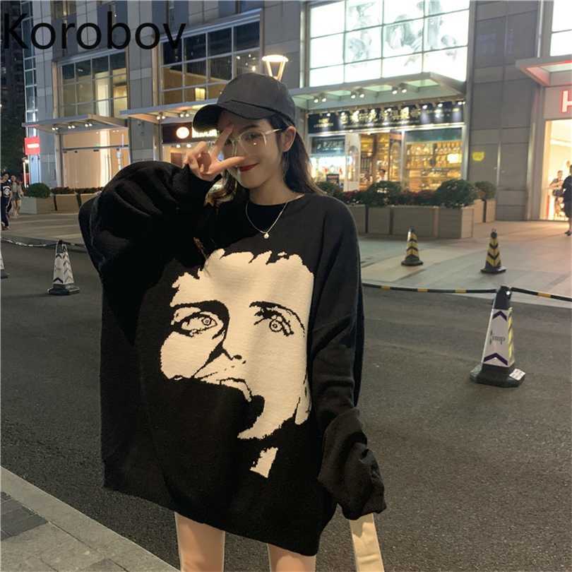 

Korobov Oversize Long Sleeve O-Neck Sweaters Korean Cartoon Character Sueter Mujer Streetwear Women Harajuku Pullovers 79292 211018, Dark green