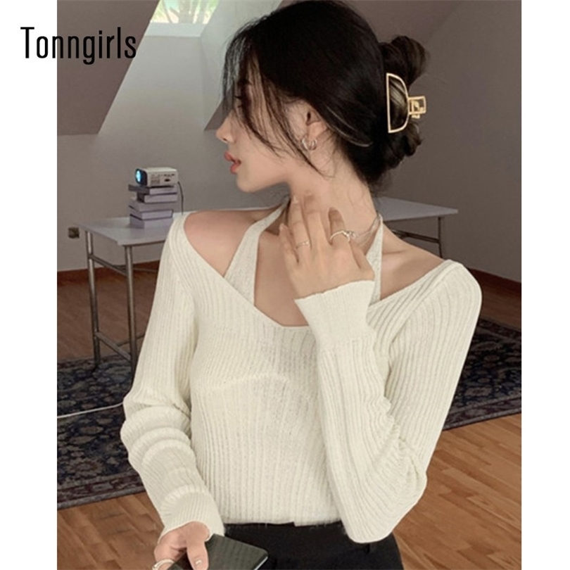 

Tonngirls Fake Two-piece T-shirt Long Sleeve Halter Black Tops Knit Slim Sweater Women Autumn Spring Sexy Female Tee 211018, White