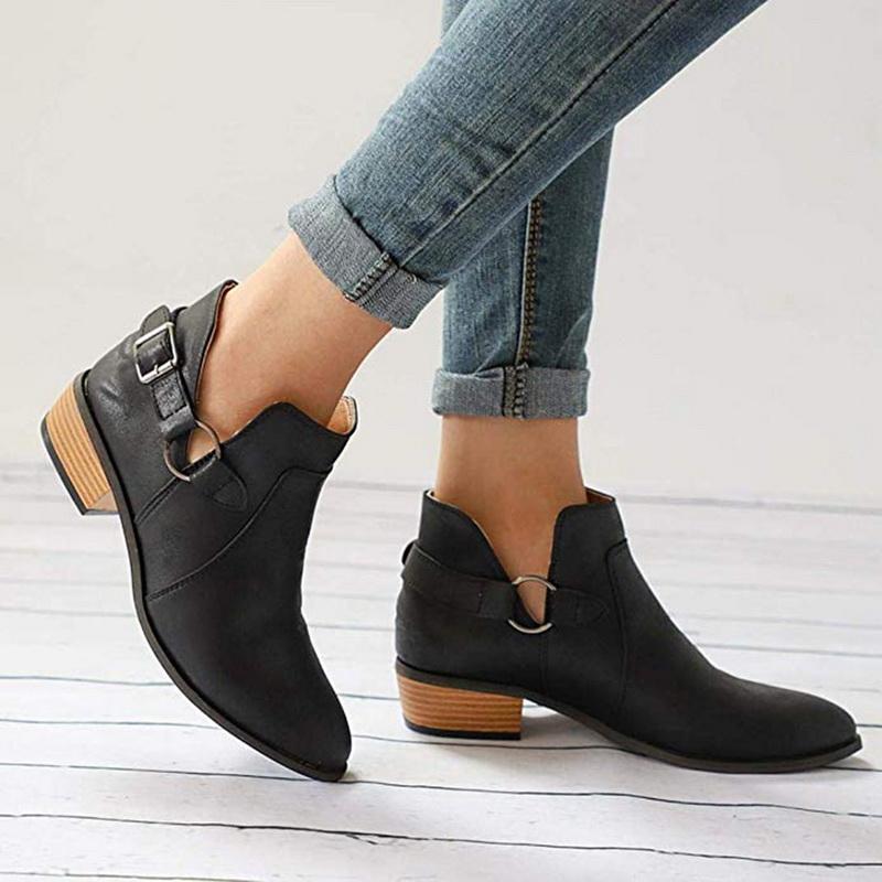 

Autumn Winter Shoes Woman Ankle Boots Women Single Ladies Pointed Large Size Fashion Wear Booties Buckle Leather, Black