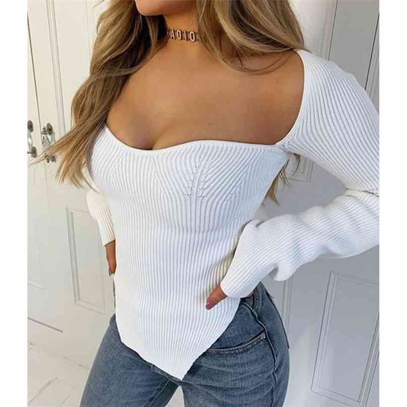 

Autumn Knitted Sweater Women White Black Vintage Style Square Neck Long Sleeve Slim Knitting Top Pullover Jumper 210603