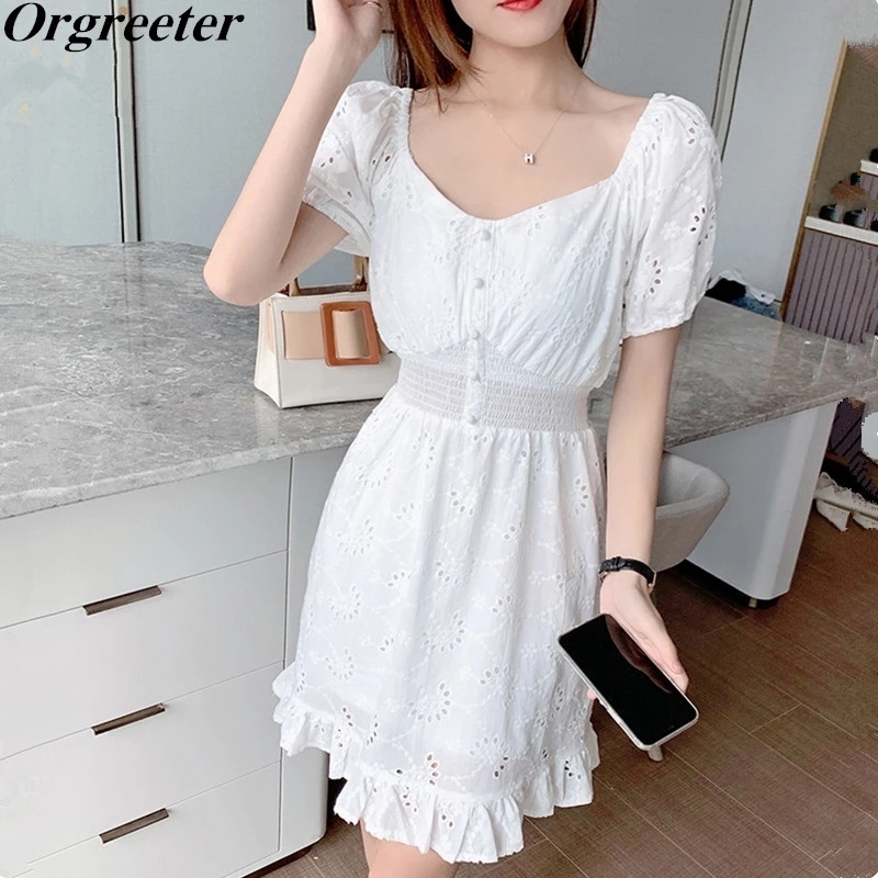 

Arrival Soft Hollow out Embroidery White Cotton Dress Summer V-neck Button Elastic Waist Ruffles Hem Women Mini 210525