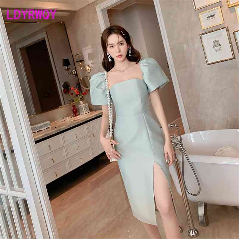 

LDYRWQY Three-dimensional Puff Sleeve One-line Neck Tube Top Slim Waist Slit Smooth French Dress 210603, Pink