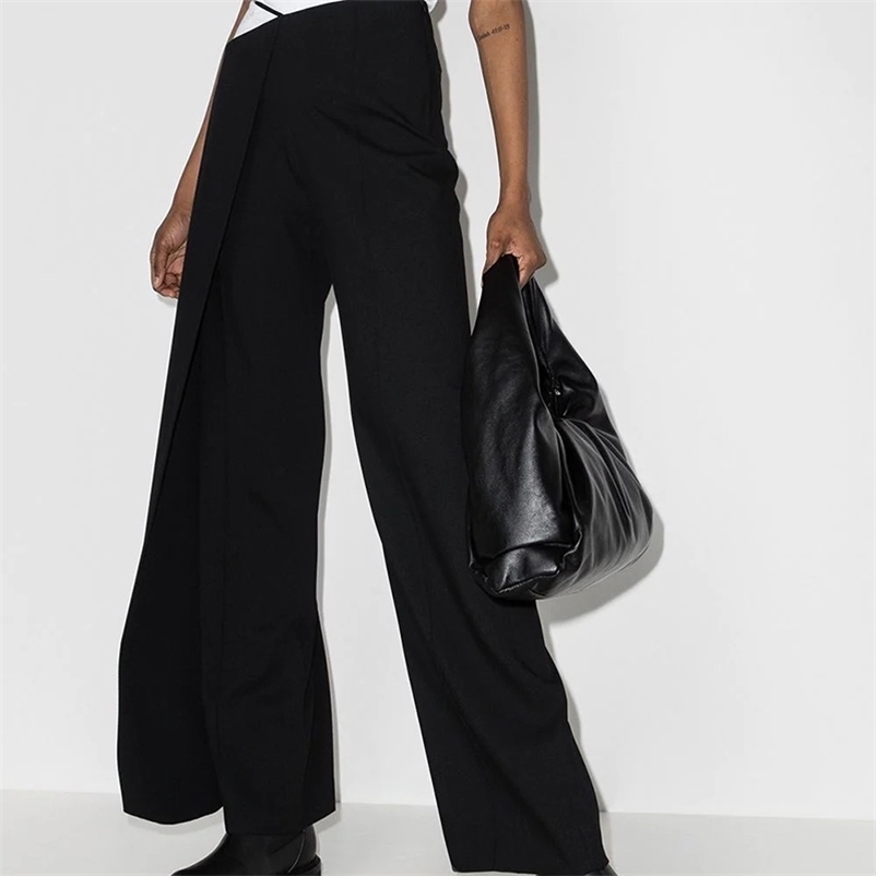 

Spring Summer Women long trousers Fashion mid waist Waist asymmetry pants Female high quality chiffon 210524, Black