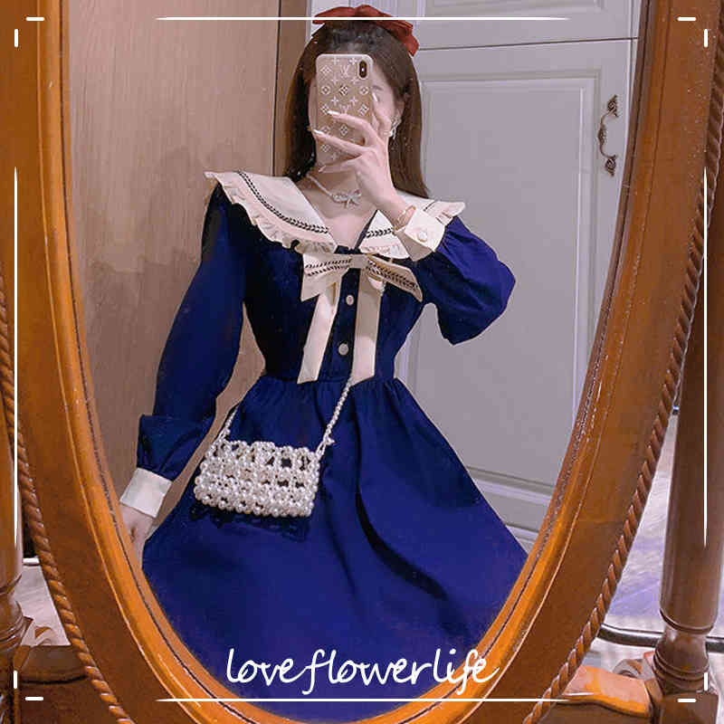 

Kawaii Midi Dress Women Sailor Collar Long Sleeve French Elegant Vintage Party Dress Female Dress Korean Spring 210521, As picture