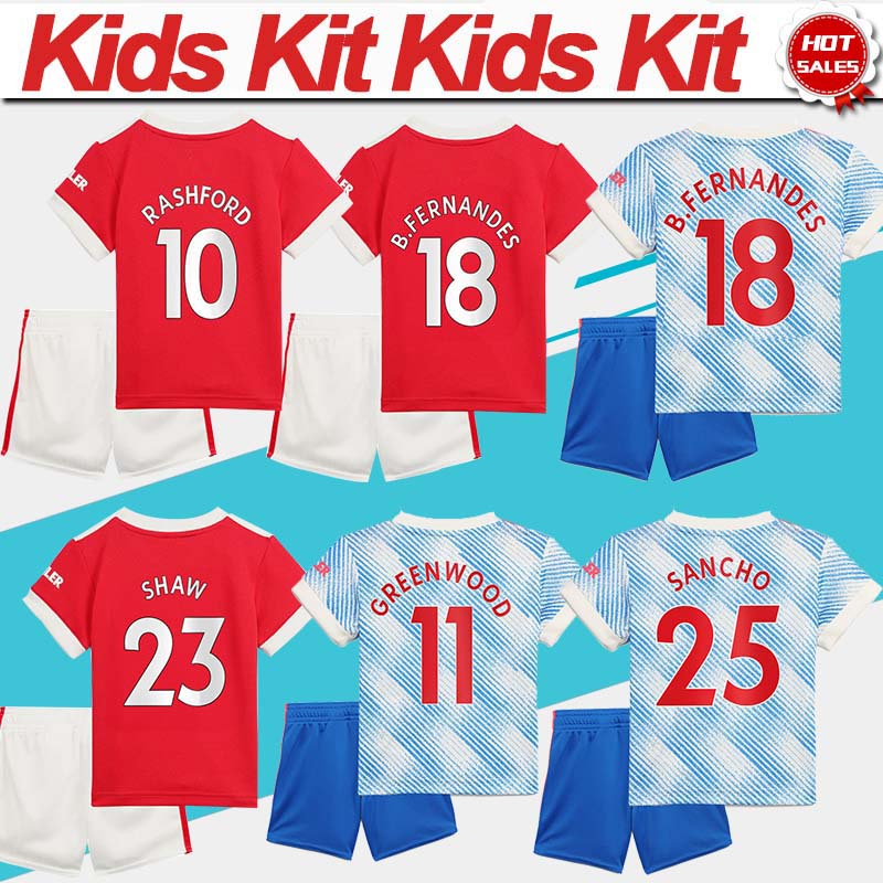 

Football Jerseys #25 SANCHO #11 GREENWOOD Kids kit Home Red soccer jersey 21/22 #18 B.FERNANDES #10 RASHFORD Child Away Soccer shirt 2021/2022 #6 POGBA Uniform Boys, Away jersey