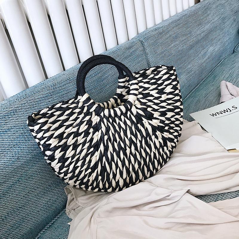 

Evening Bags Fashion Black And White Straw Handbags For Women 2022 Designer Summer Beach Rattan Handmade Vintage Woven Tote Bag