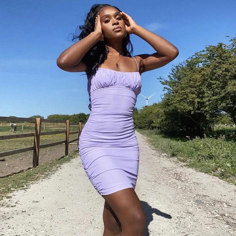 

Casual Dresses 2022 Summer Fashion Sexy Ruched Bodycon For Women Party Club Mini Dress Spaghetti Strap Sleeveless Solid Vestido, Black;gray