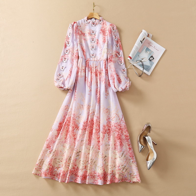 

Casual Dresses European and American women' clothing spring Embroidered butterfly print with long sleeves Fashion gradient dress PXQV, Pink