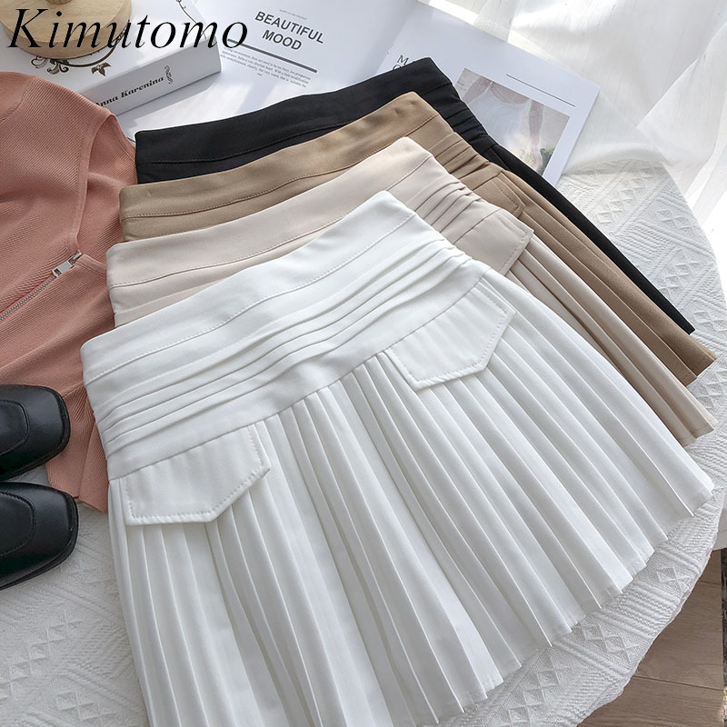

Kimutomo Fake Pocket Skirt Women High-waisted Solid A-line Bottoms Female Spring Summer Korean Sweet Girls Pleated Skirt 210521, Black
