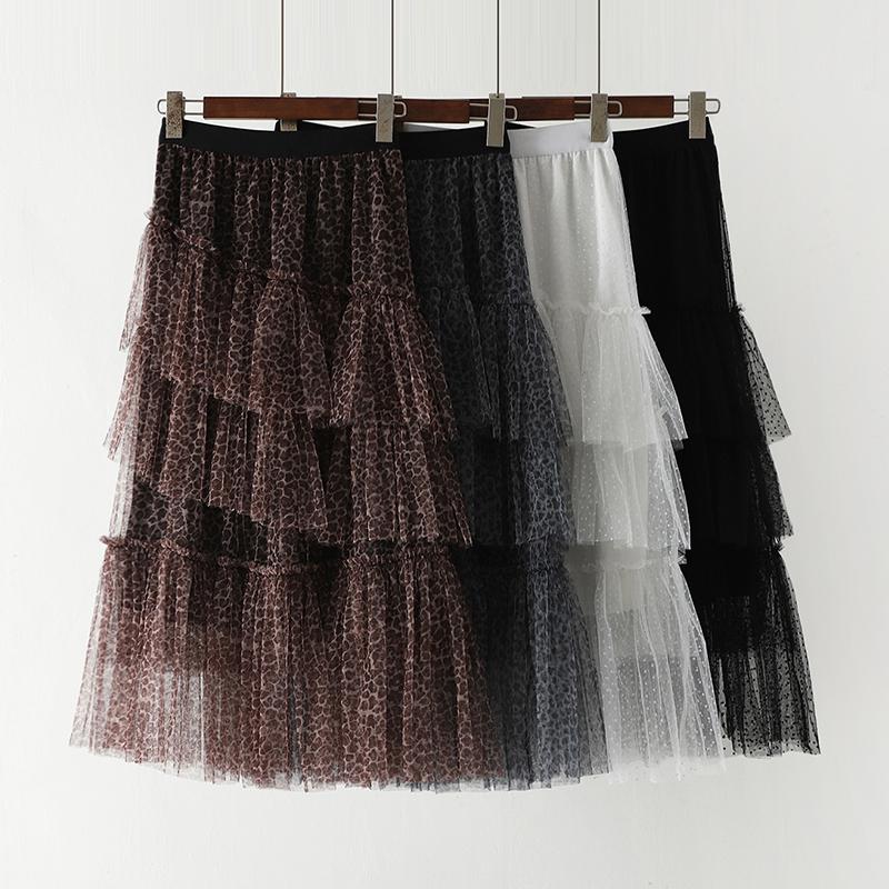 

Skirts 2021 Ladies Layer Skirt Fashion Spring Vintage Leopard Dot Printed Black Long Women Elastic Waist Irregularity