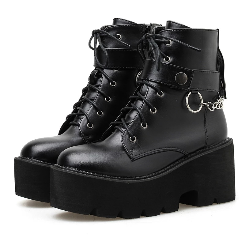 

Sexy Chain Women Leather Autumn Boots Block Heel Gothic Black Punk Style Ankle Boots Zipper Platform Shoes Female Footwear