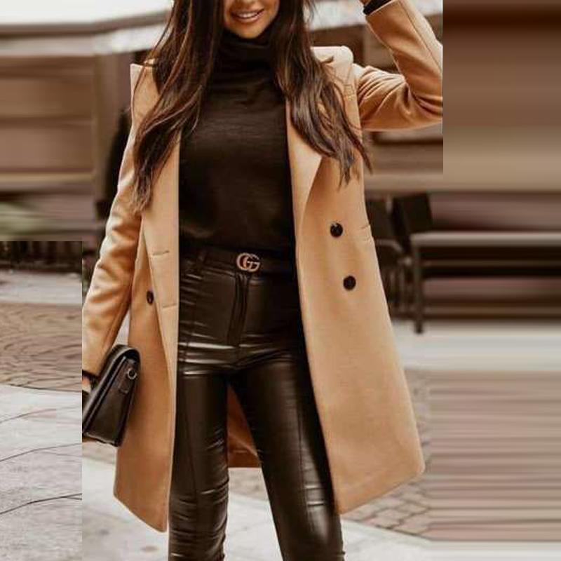 

Women's Wool & Blends Women Elegant Solid Color Office Outwear Autumn Winter Lapel Mid Length Single-Breasted Coat Fashion Ladies Harajuku J, Black