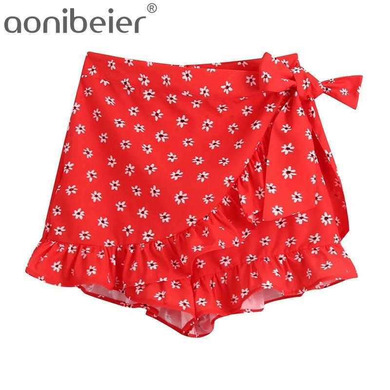 

Floral Print Casual Beach Skorts Summer Fashion Ruffles Hem Tie Wrap Detail Zipper Back Women Loose Shorts Female Red 210604, Dress
