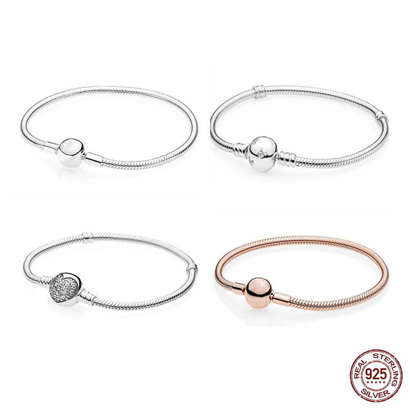 

925 Sterling Silver Fit Original Pandora Charms Love Simple Snake Bone Chain Bracelet Hanging Beads DIY Accessories
