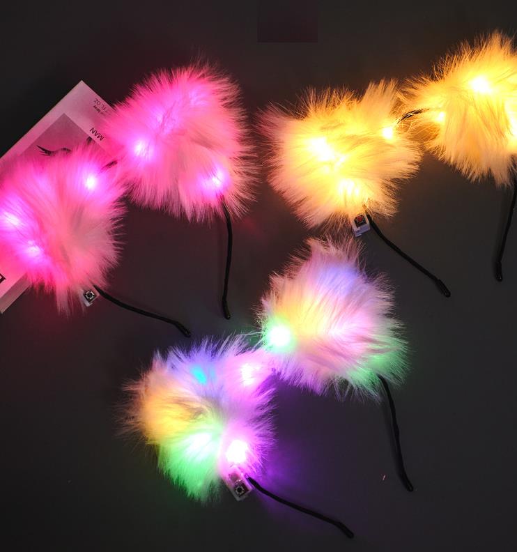 

Flash Cat Fox Long Fur Ears Headband Party Hat Cosplay Costume Glowing Hairband Led Plush Hair Hoop Headdress For Women Girl White