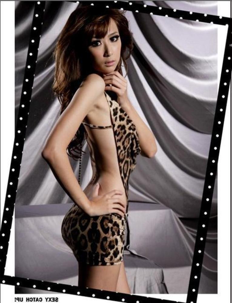 

Lide fun underwear sexy leopard print chain open back suspender nightdress cut out milk silk pajamas 3, Black;white