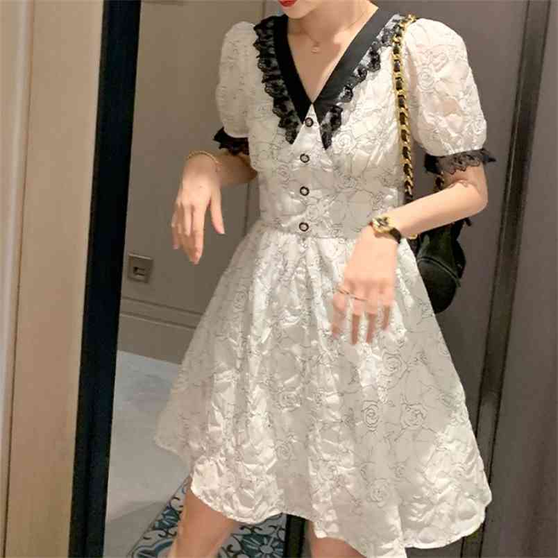 

Women Casual Floral Dresses Korean Summer Elegant Lace V-Neck Puff Sleeve Office Ladies Vintage A-Line Mini Dress Female 210519, Photo color