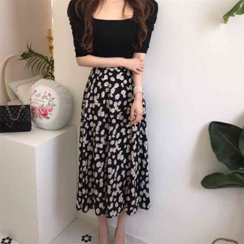 

Korean 2 Piece Set Women Summer Square Collar knitting T-Shirt Tops + High Waist Flowers Chiffon Midi Skirts Office Lady Outfit 210519, Black