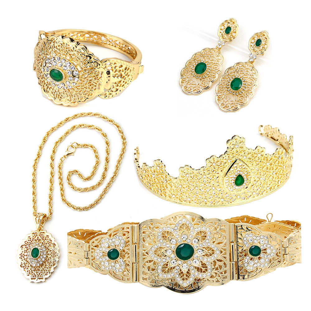 

Sunspicems Elegent Bridal Wedding Jewelry Sets For Women Morocco Belt Bangle Earring Necklace Tiaras 5pcs Sets Gold Color Bijoux H1022, White