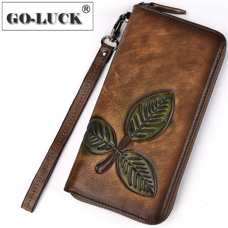 

Genuine Leather Wristband Clutches Wallet Women Mobile Phone Pouch Passport Card Holder Handheld Bag Vegetable Taned Floral Wallets, Red;black