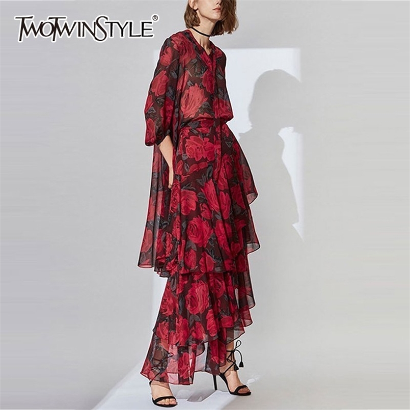 

Print Long Sleeve Shirt And Women Dress Two Piece Set High Waist Side Split Asymmtric Elegant Female Suits Spring 210521, As picture