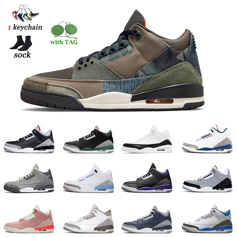 

3s Patchwork Racer Blue Jumpman Basketball Shoes 3 OG Pine Green CHLOROPHYLL Court Purple UNC Midnight Navy Black White Cement off Mens Women Sneakers Trainer US 13, D46 40-47