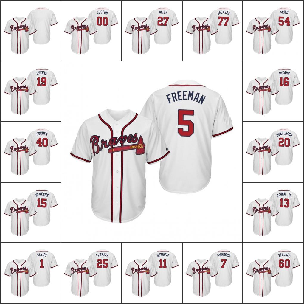 

Atlanta Braves Men #5 Freddie Freeman 13 Ronald Acuna Jr. 7 Dansby Swanson Custom Women Youth White Postseason Cool Base Jersey, Blue;black