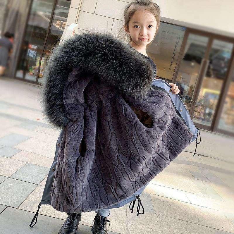 

Jackets Children Outerwear Fashion Adjustable Waist Fur Collar Winter Jacket Girls Medium Long Hooded Parka Coat TZ57, Blue;gray