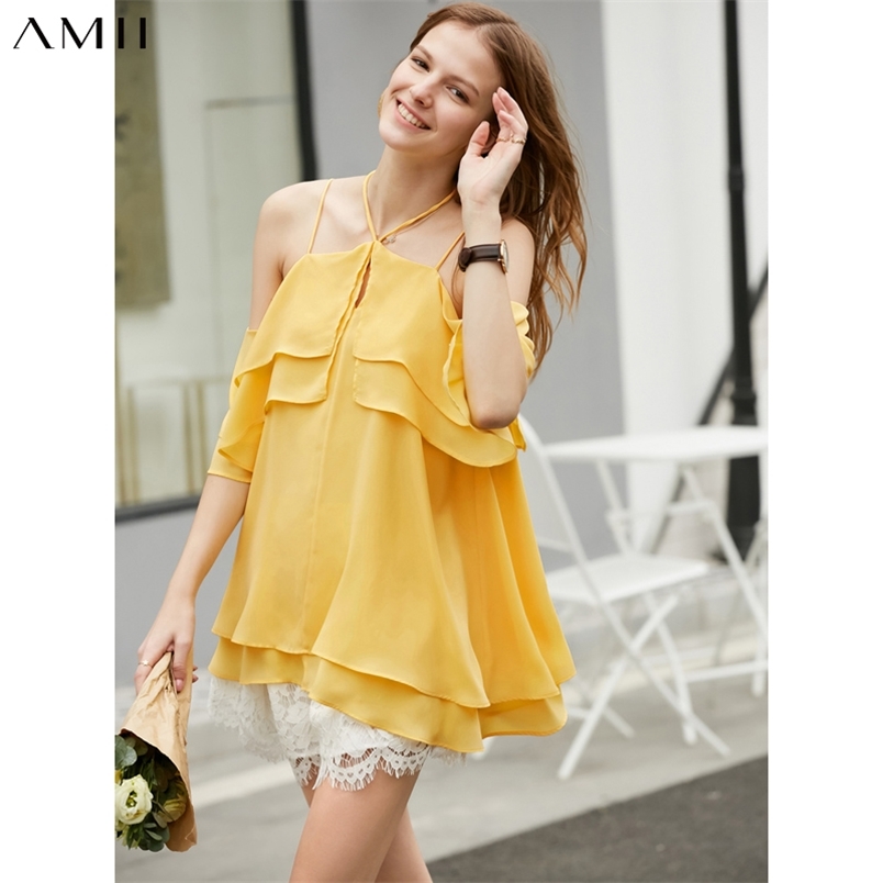 

Minimalism Summer Women's Blouse Fashion Solid Ruff Sleeve Loose Womens's Shirt Streetwear Tops 11940153 210527, Yellow